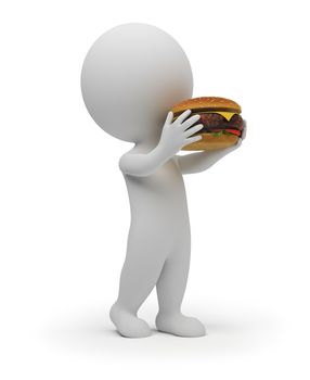 3d small people eats the big hamburger. 3d image. Isolated white background.