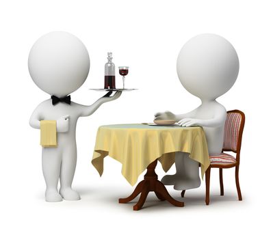 3d small people - client sitting at a table and the waiter with a tray. 3d image. Isolated white background.
