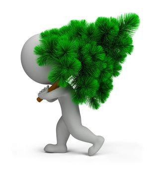 3d small person carrying a green Christmas tree. 3d image. Isolated white background.