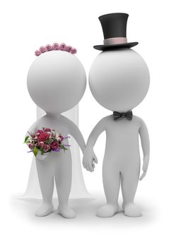 3d small people - wedding of the groom and the bride. 3d image. Isolated white background.