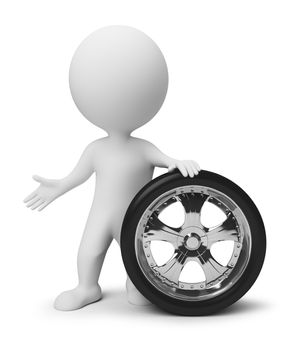 3d small people with a wheel. 3d image. Isolated white background.