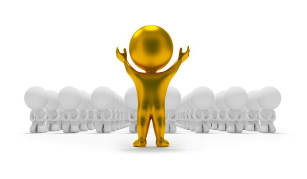 3d small people worshipping to a gold idol. 3d image. Isolated white background.