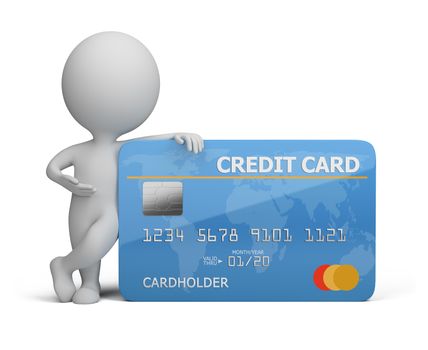 3d small person standing next to a credit card. 3d image. Isolated white background.