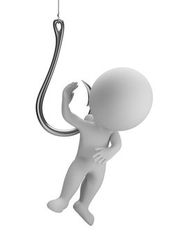 3d small people on the hook. 3d image. Isolated white background.