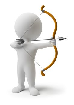 3d small people prepare for shooting an arrow. 3d image. Isolated white background.