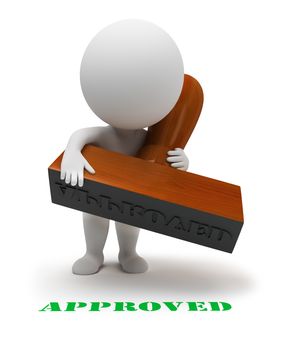 3d small people with a stamp sets the seal it "approved". 3d image. Isolated white background.