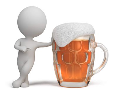 3d small person standing next to a glass of beer. 3d image. Isolated white background.