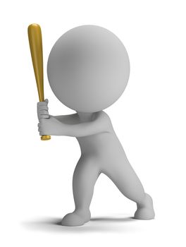 3d small person holding a baseball bat. 3d image. Isolated white background.