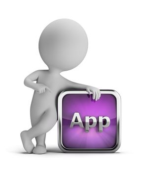 3d small person standing next to an application icon. 3d image. Isolated white background.
