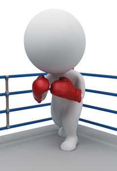 3d small people in boxing gloves standing in a corner of the ring. 3d image. Isolated white background.