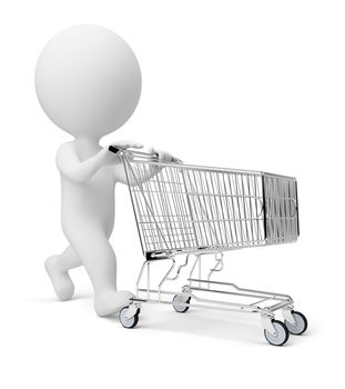 3d small people with a store cart. 3d image. Isolated white background.