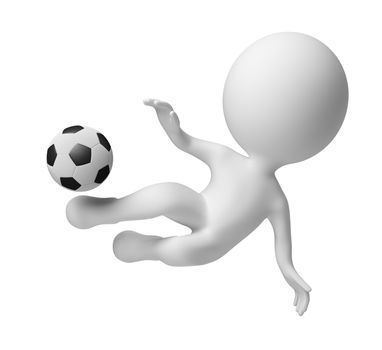 3d small people - soccer player striking in a jump on a ball . 3d image. Isolated white background.