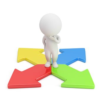 3d small person in a thoughtful pose standing on colorful arrows. 3d image. White background.