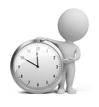 3d small person stands next to the clock. 3d image. Isolated white background.