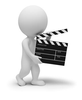 3d small people - director with clapper for movie. 3d image. Isolated white background.