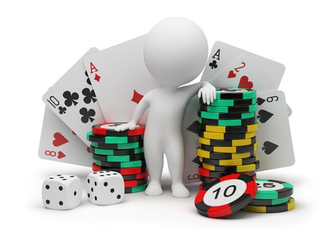 3d small people with counters for a roulette, playing cards and bones. 3d image. Isolated white background.