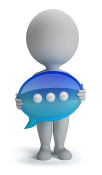 3d small person with his hands in the chat icon. 3d image. Isolated white background.