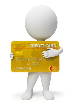 3d small people with a credit card in hands. 3d image. Isolated white background.