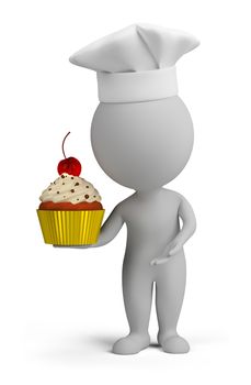 3d small person with pastry cake in his hand. 3d image. Isolated white background.