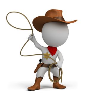 3d small person cowboy with lasso in hand, wearing a hat and boots. 3d image. Isolated white background.