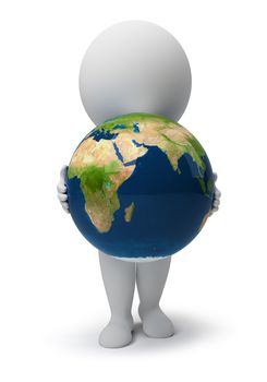3d small people with a planet the Earth. 3d image. Isolated white background.