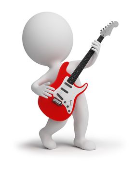 3d small people playing an electroguitar. 3d image. Isolated white background.