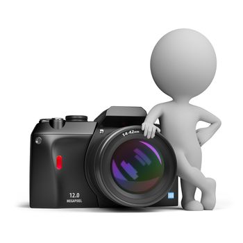 3d small person standing next to a large digital camera. 3d image. Isolated white background.