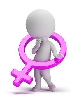 3d small person - inside the female symbol. 3d image. Isolated white background.