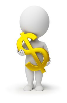 3d small person with a gold symbol of dollar in hands. 3d image. Isolated white background.
