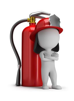 3d small person - fireman standing next to a large extinguisher. 3d image. White background.