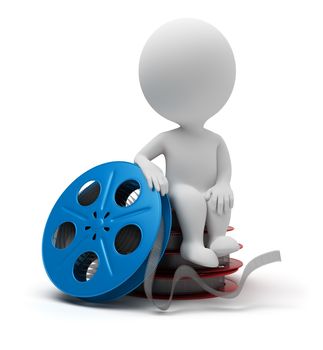 3d small people sitting on film reel. 3d image. Isolated white background.