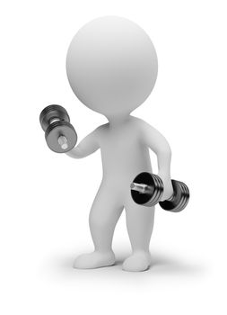 3d small people with dumbbells. 3d image. Isolated white background.