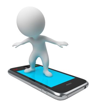 3d small people flying on a mobile phone. 3d image. Isolated white background.