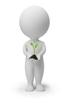 3d small people with a sprout in hands. 3d image. Isolated white background.