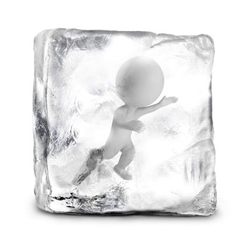 3d small person frozen in ice. 3d image. Isolated white background.