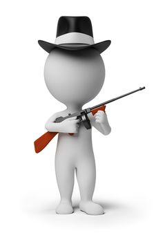 3d small person - gangster in a hat with tommy gun in hands. 3d image. Isolated white background.