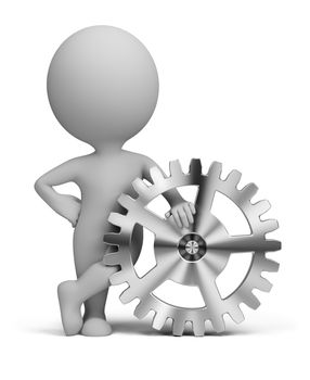 3d small person leaning on a gear. 3d image. Isolated white background.