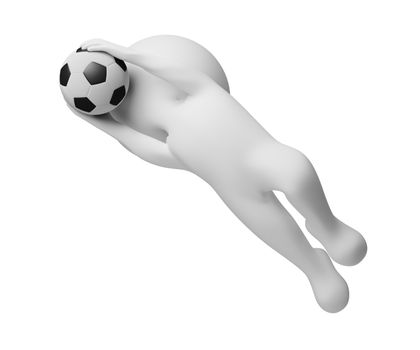 3d small people - goalkeeper a catching ball. 3d image. Isolated white background.