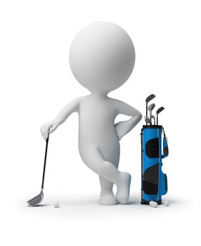 3d small person leant the elbows on a stick for a golf near to a bag for sticks. 3d image. Isolated white background.