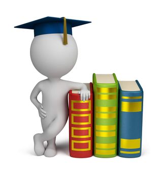 3d small person stands alongside a book in the header of the graduate. 3d image. Isolated white background.