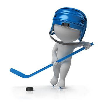 3d small person - the hockey player on the fads with a stick and a helmet. 3d image. Isolated white background.