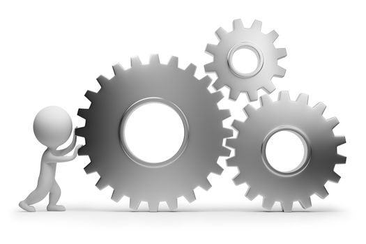 3d small people rolls gears. 3d image. Isolated white background. Clipping path included.