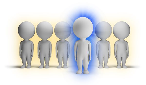 3d small people with aura indigo against ordinary people. 3d image. Isolated white background.