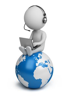 3d small person sitting on planet Earth with a laptop and headphones. 3d image. Isolated white background.