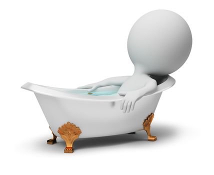 3d small person relaxing in a classical bath. 3d image. Isolated white background.