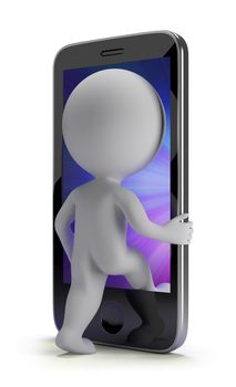3d small person login to your phone. 3d image. Isolated white background.
