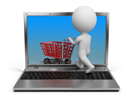3d small person with a cart penetrating the laptop screen. 3d image. Isolated white background.