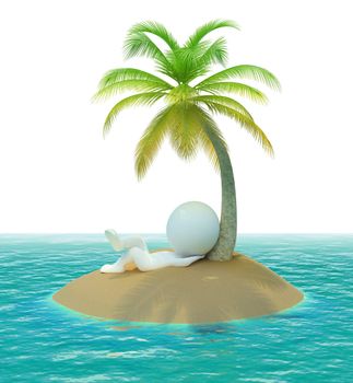 3d small people on has a rest a desert island. 3d image. Isolated white background.
