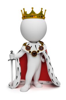 3d small people the king with a sword. 3d image. Isolated white background.