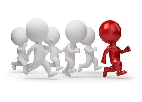 3d small people running for the leader. 3d image. Isolated white background.
